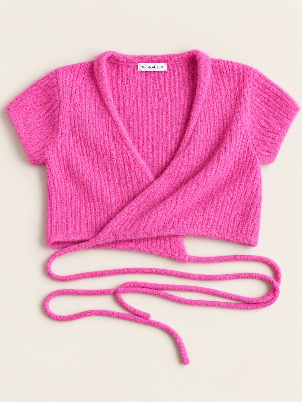 Luca + Grae Hot Pink Fuzzy Knit Wrap Crop Top Tie Waist Short Sleeve L
